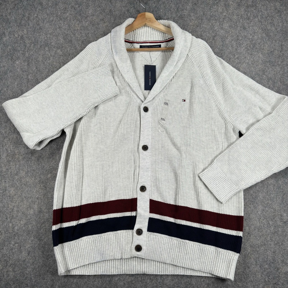 Tommy Hilfiger Sweater Mens 2XL‎ Gray Shawl Collar Cardigan Striped Hem Logo